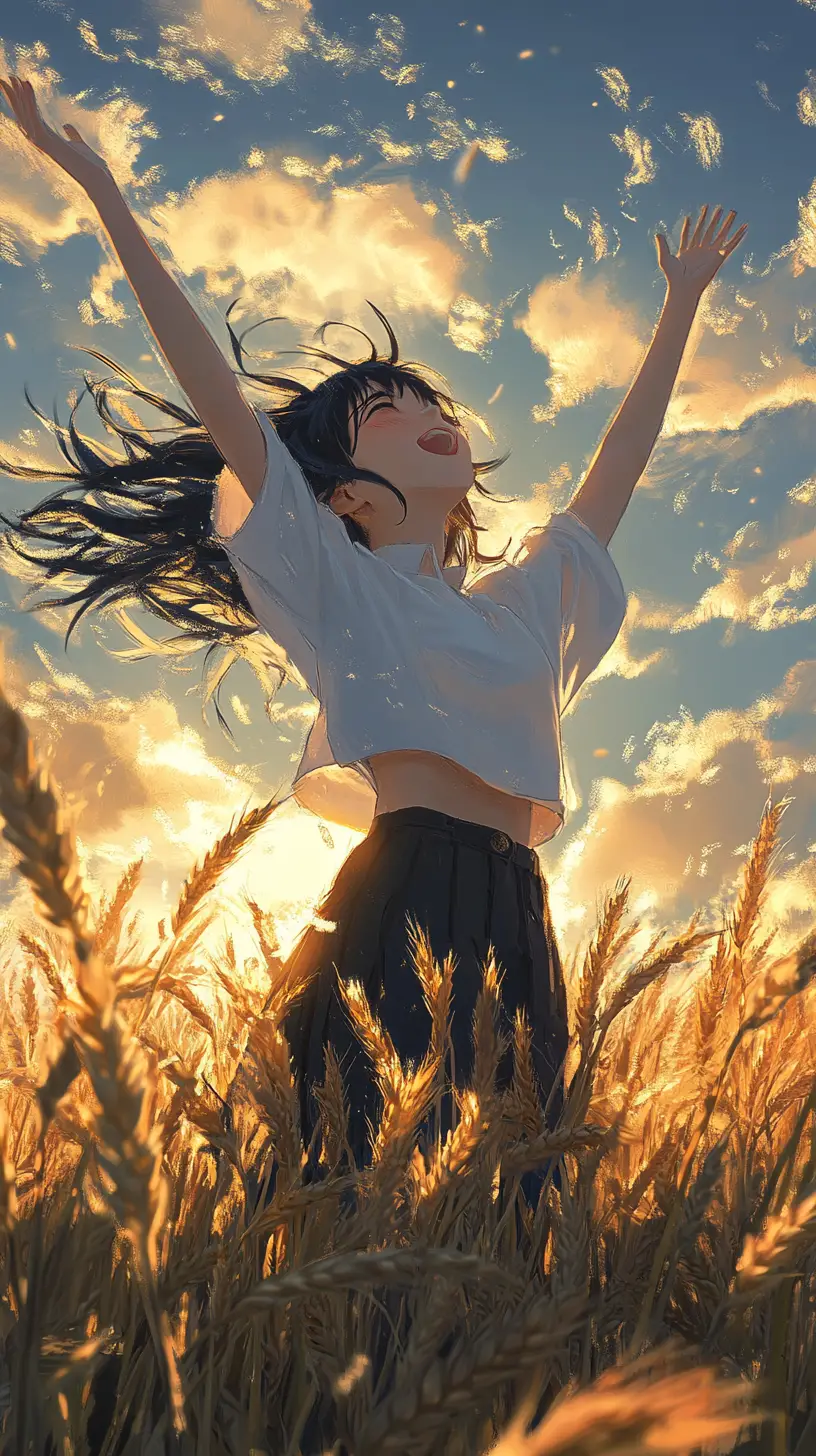 Anime-Mädchen feiert in einem windigen Weizenfeld bei Sonnenuntergang