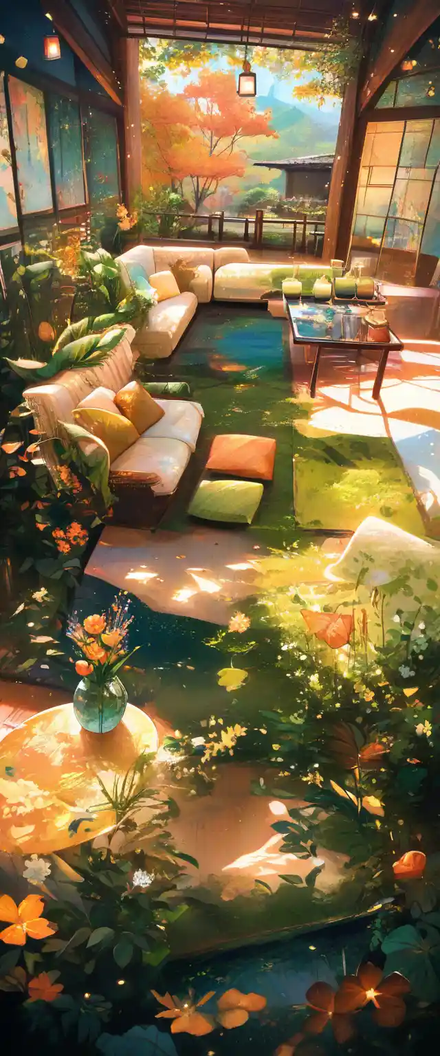 Cozy Sofa By Autumn Garden In Warm Evening Light