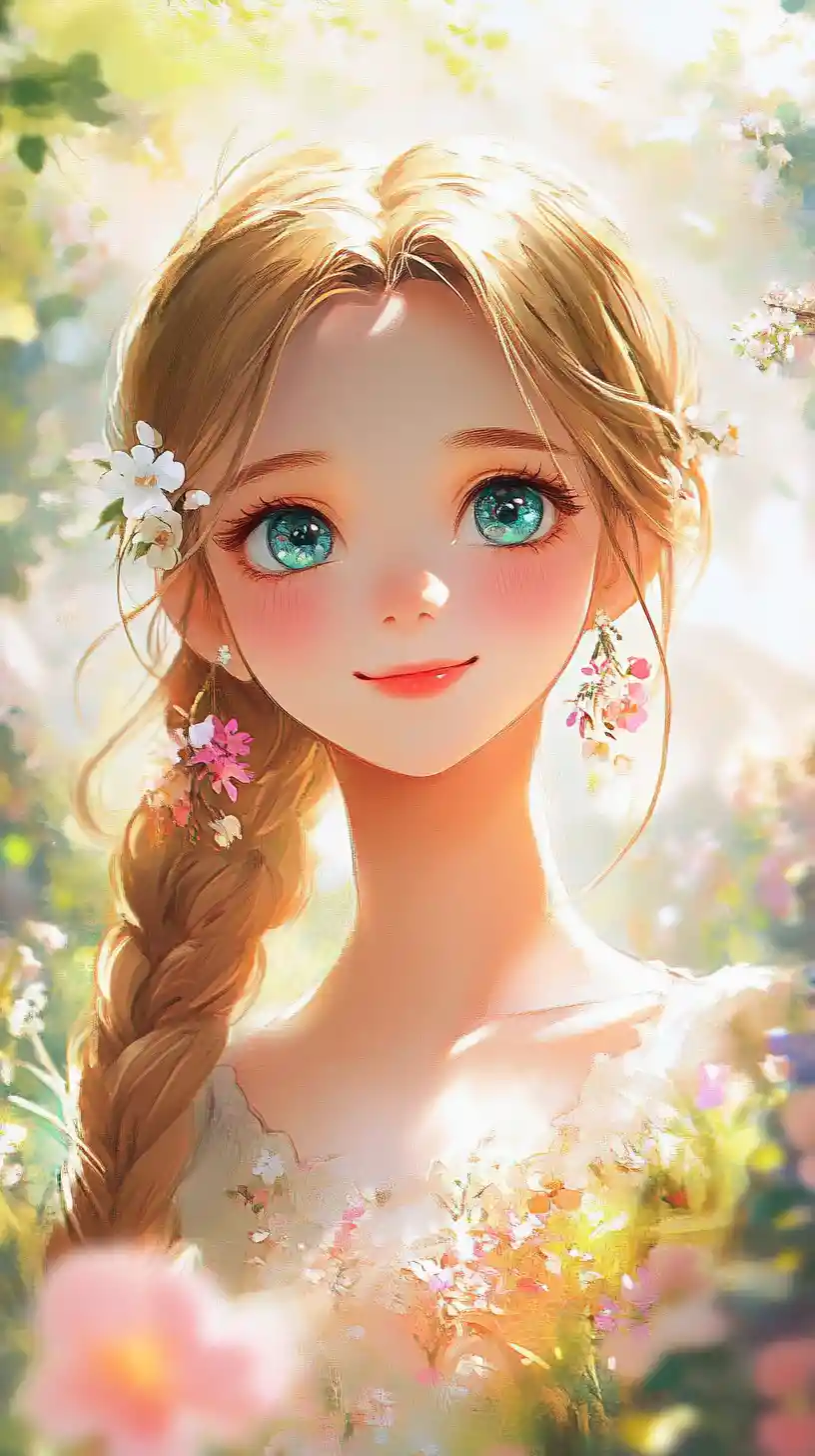 在盛開花園中微笑的水彩動漫少女