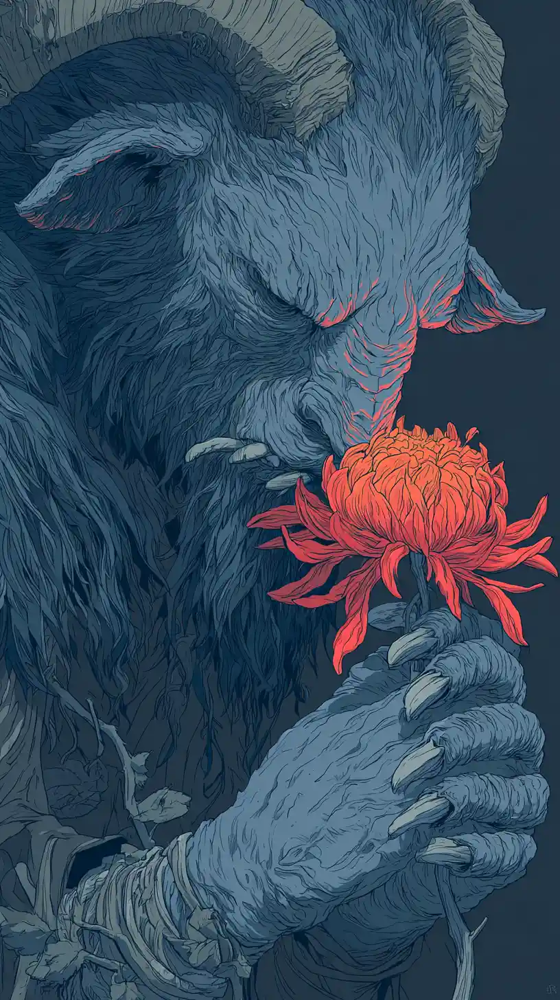 Horned monster smelling a bright exotic flower