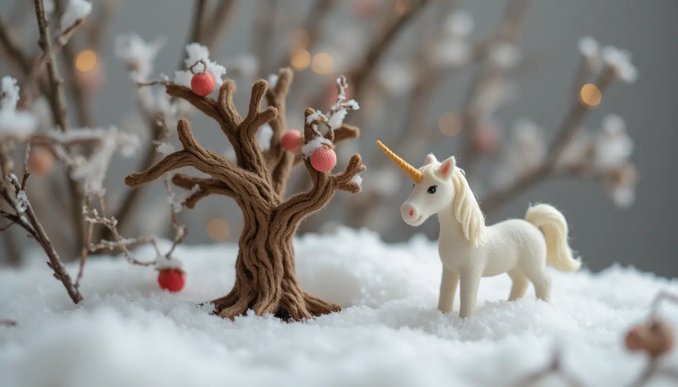 Miniature chaleureuse de licorne et d’arbre dans un paysage d’hiver enneigé