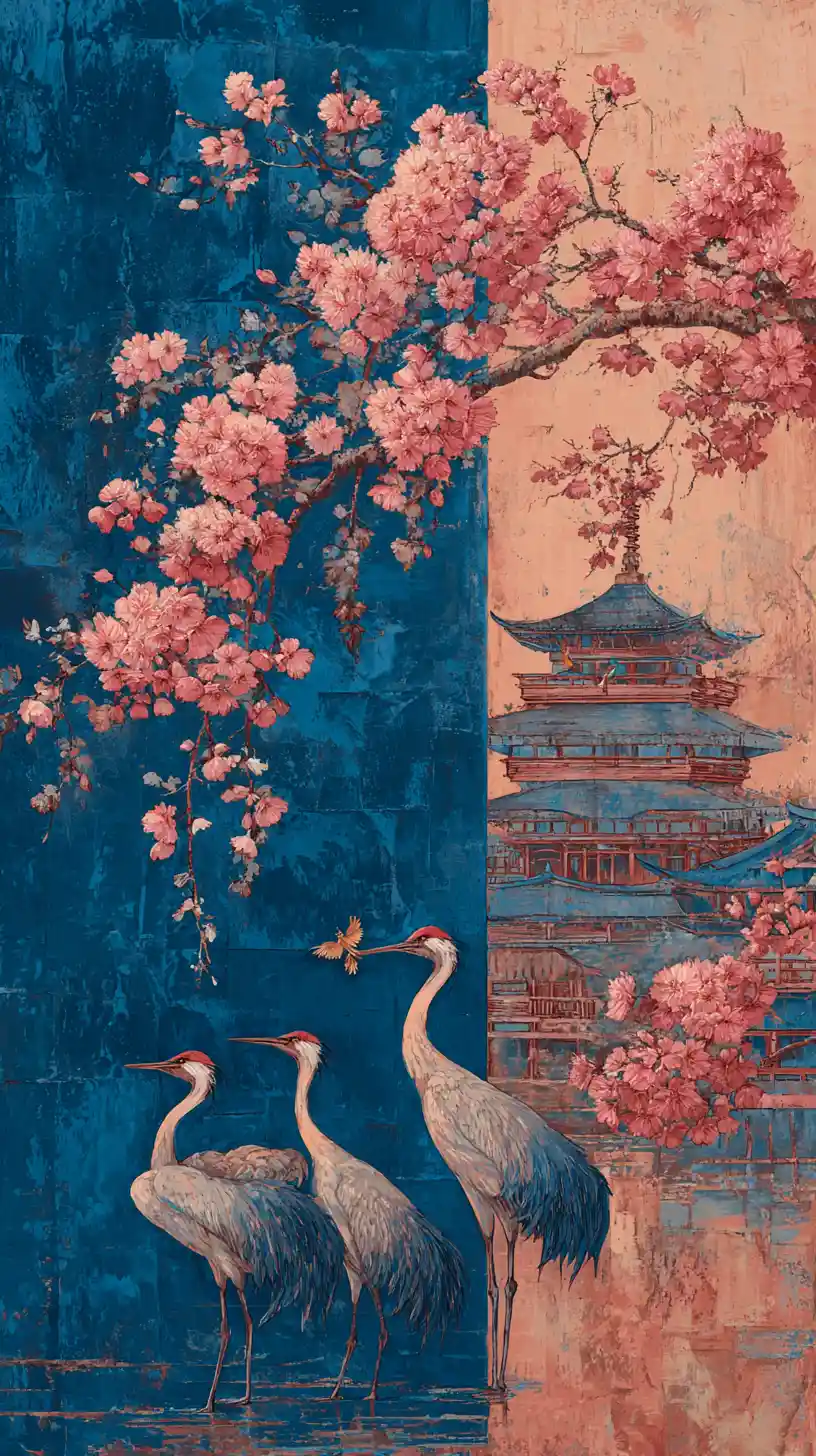 Japanese cranes and pagoda by tranquil waters