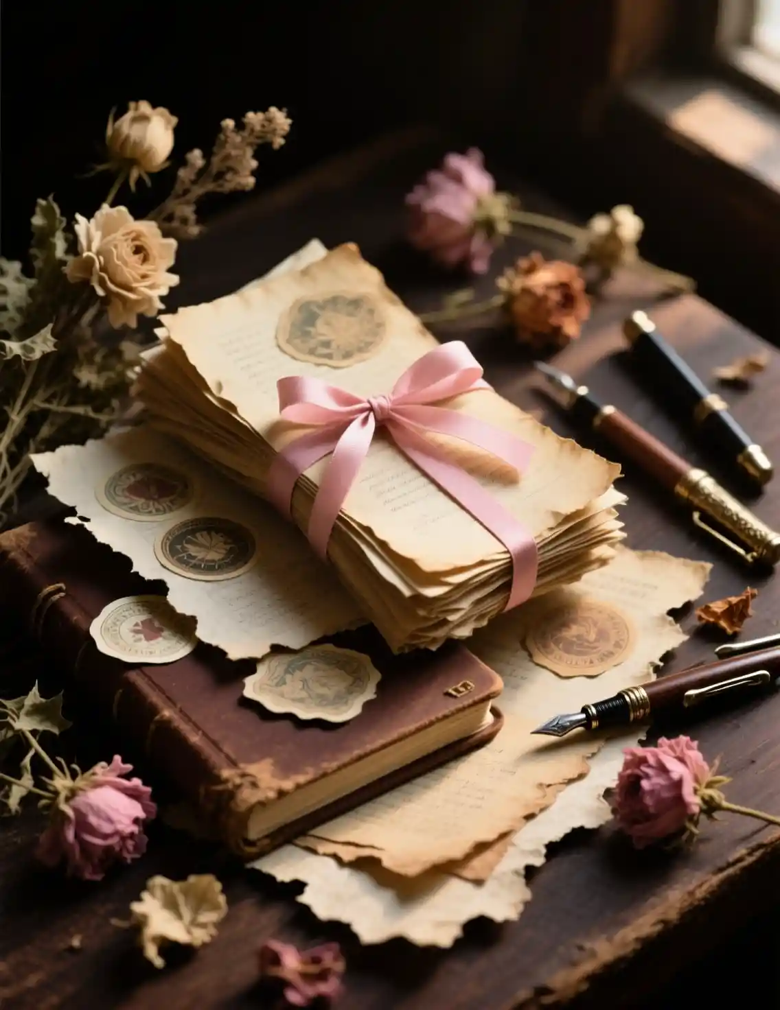 Vintage journaling supplies in a cozy moody still life