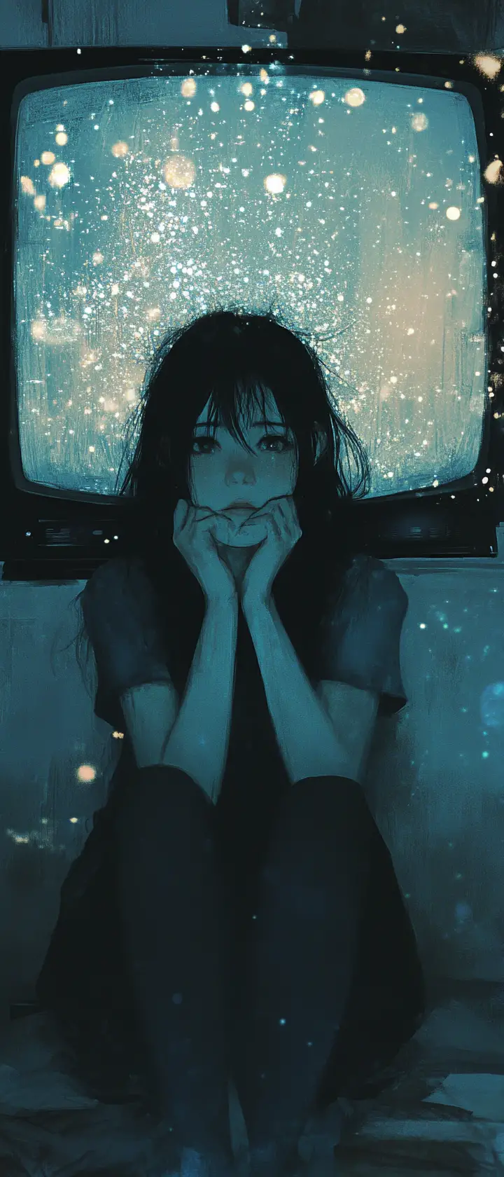 Anime-Mädchen im unheimlichen Schein eines flimmernden Fernsehers