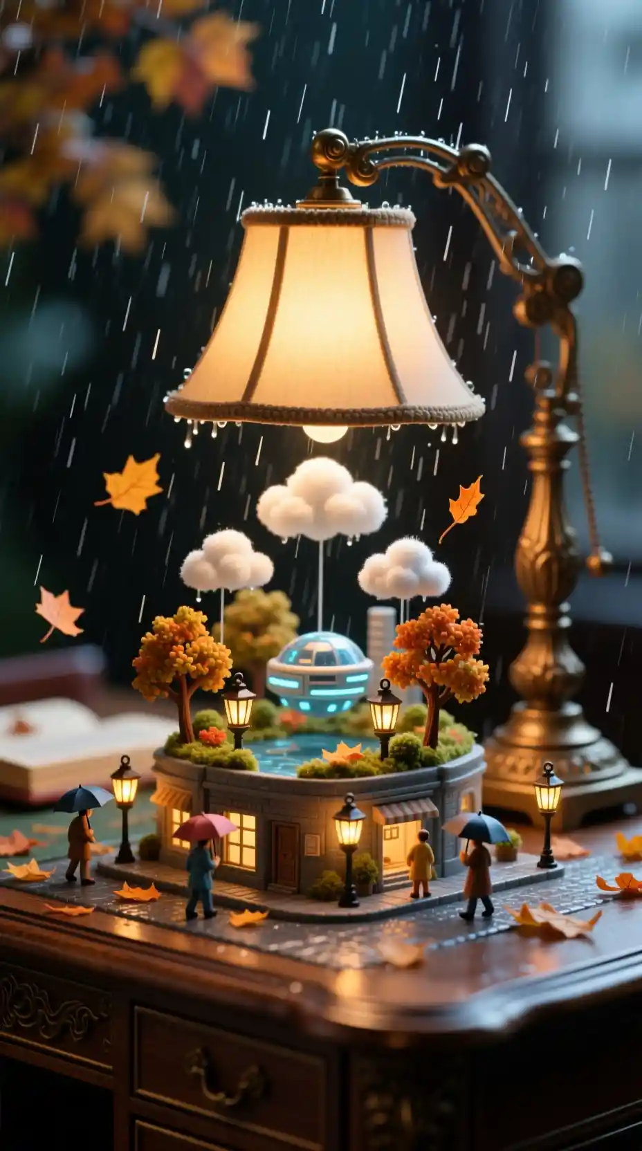 Antique Desk Lamp Illuminating A Miniature Futuristic World