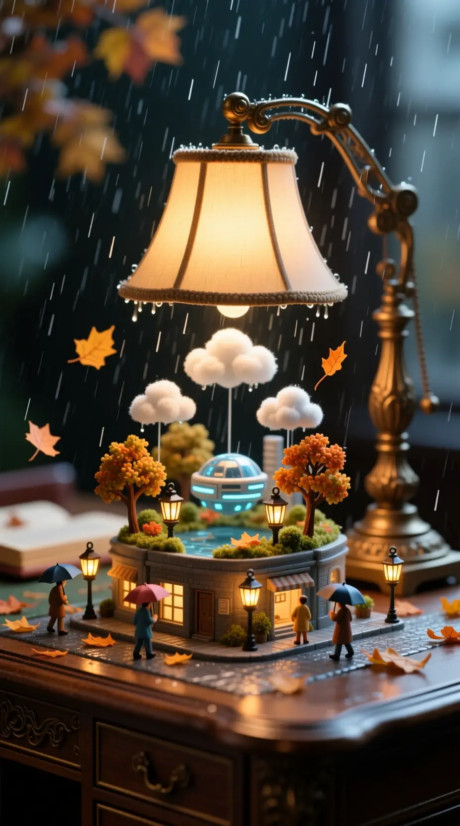 Lampe de bureau antique illuminant un monde futuriste miniature