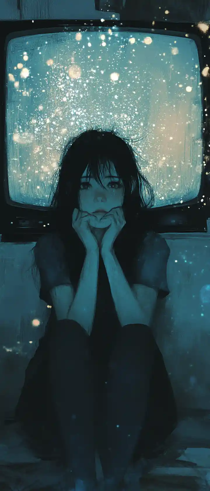 Anime girl glowing in eerie light of static television