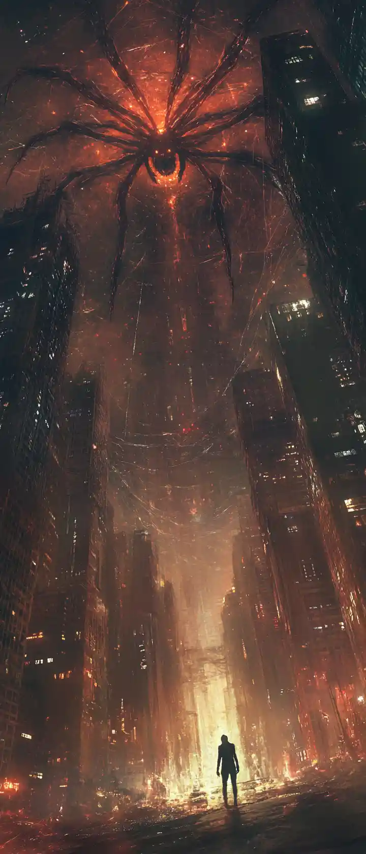 Spectral figure wandering through a ruined glowing cityscape