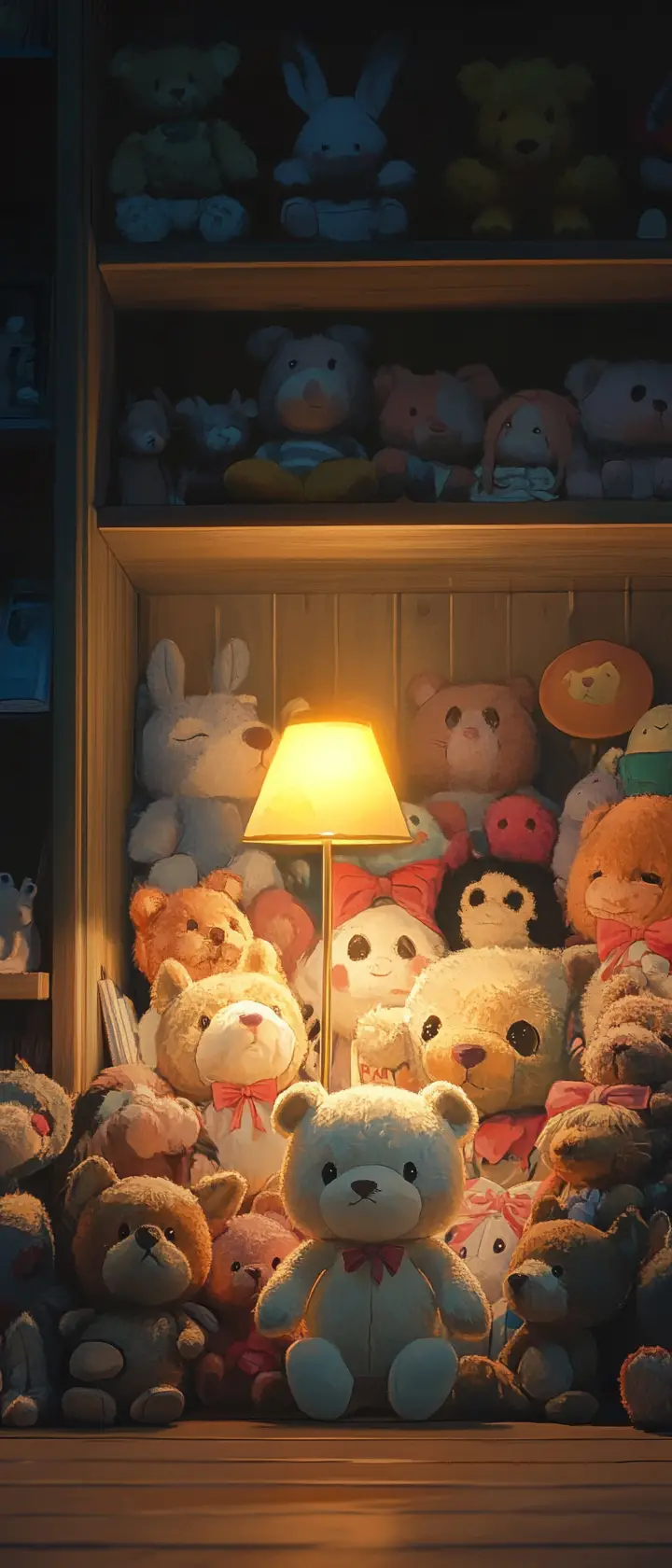 Chambre d’anime remplie de peluches et d’une étrange lampe dorée