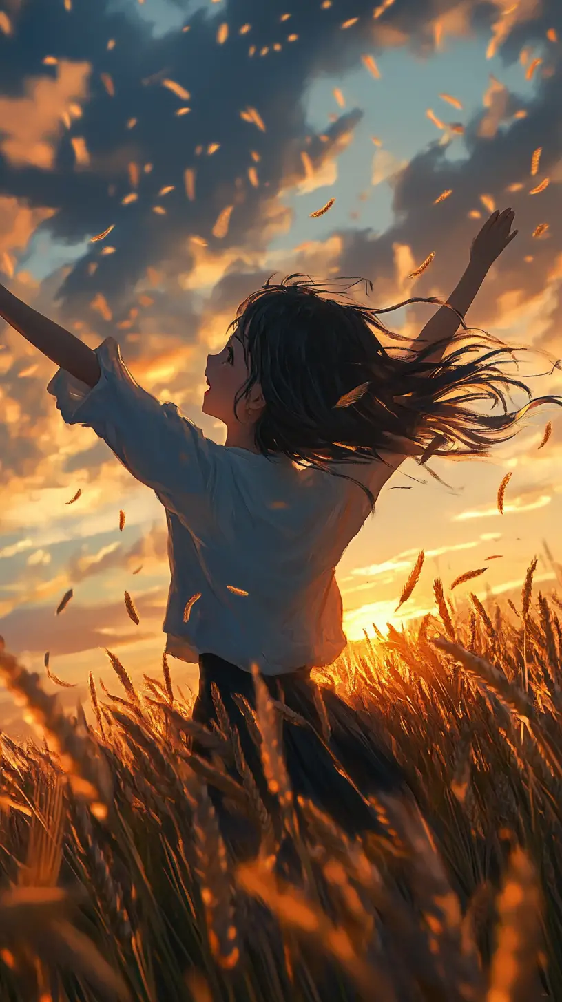 Anime-Mädchen feiert in einem Weizenfeld beim Sonnenuntergang