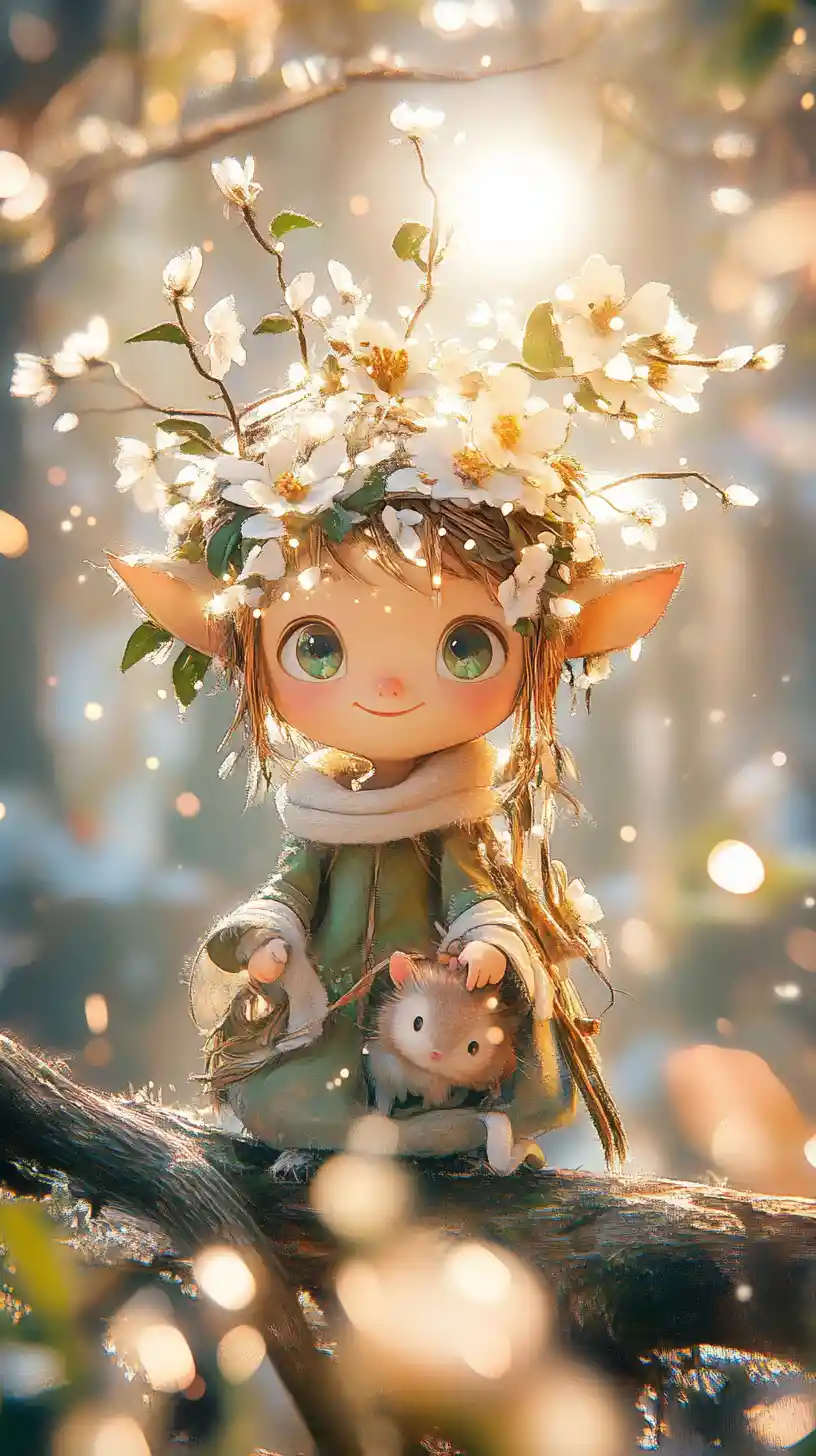 Cute chibi flower blooming on a sunlit street poster