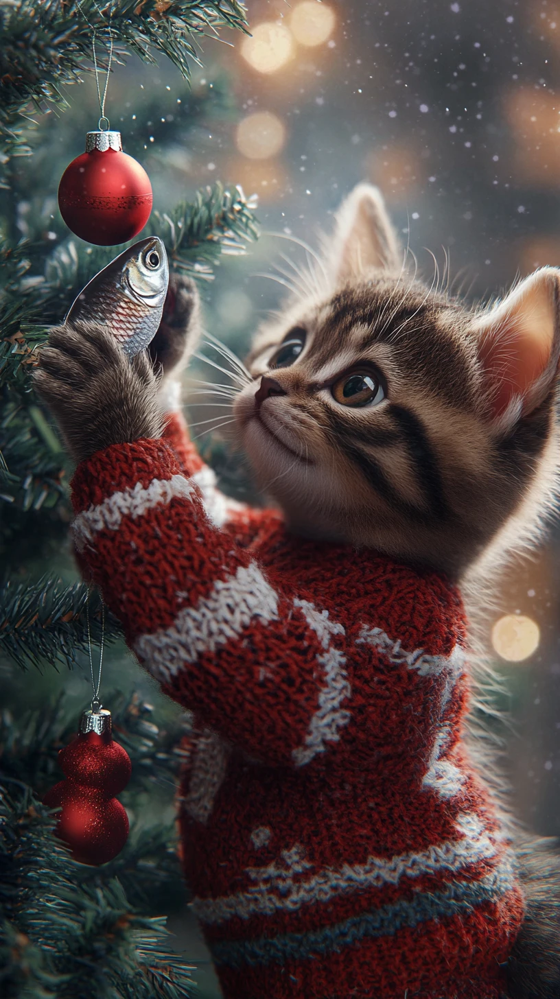 Adorables chatons décorant un sapin de Noël avec des ornements en forme de poisson