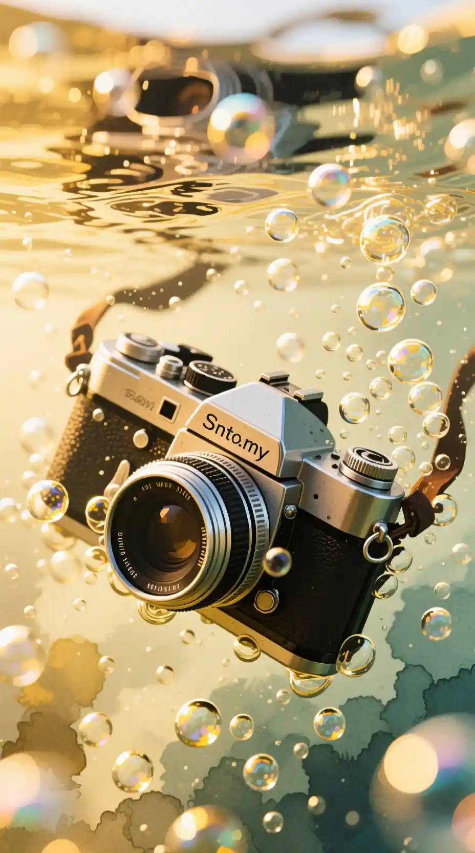 Old camera sinking in a golden underwater bubble scene