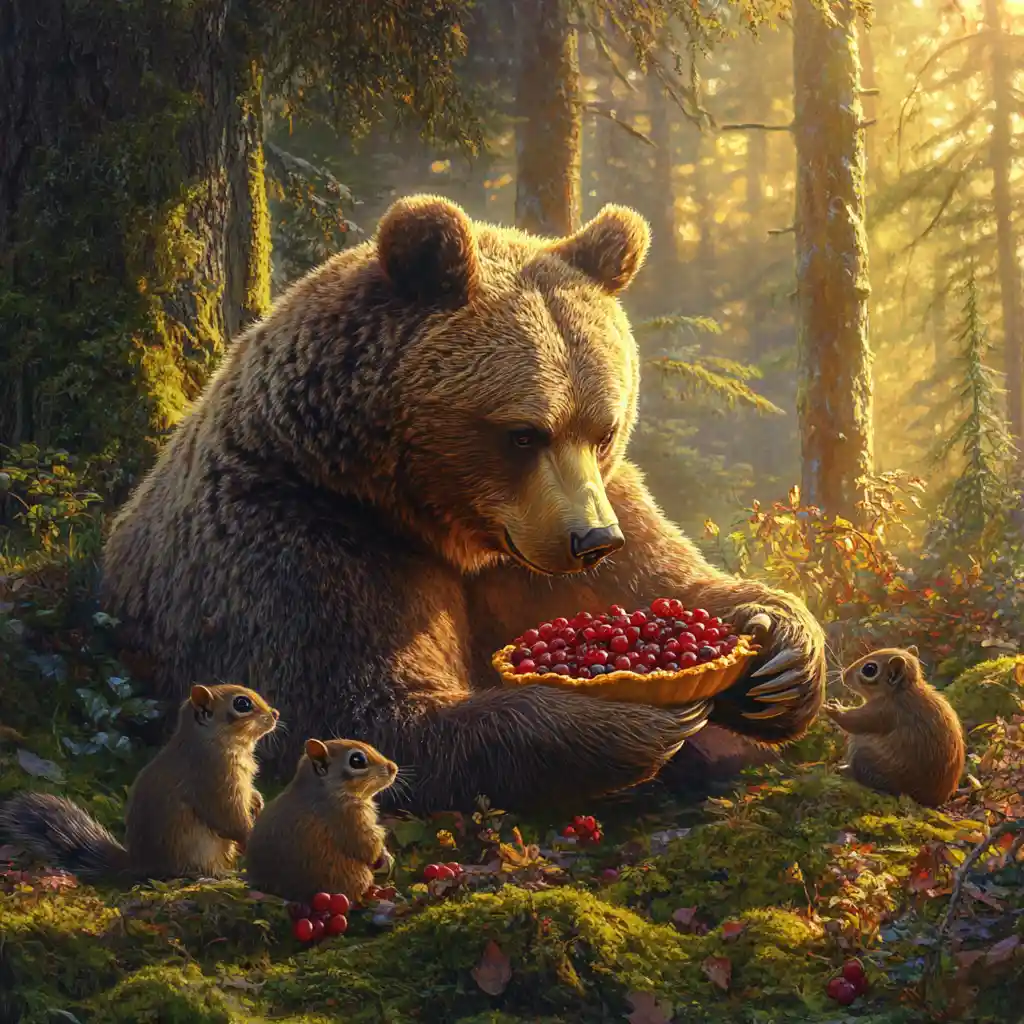 Grizzly Bear Sharing Berry Pie With Forest Animals