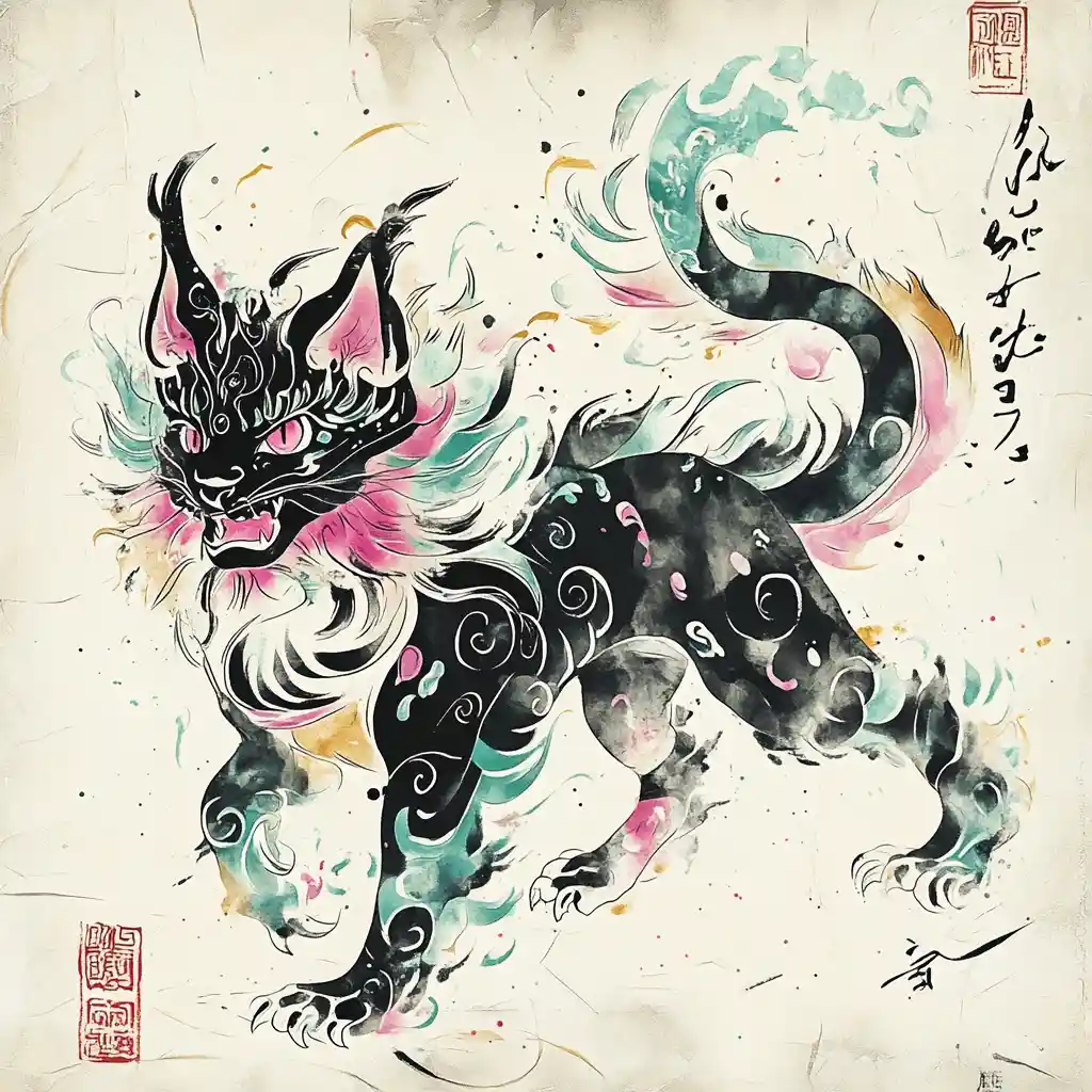 Mythical cat dragon in ethereal Japanese ink illustration
