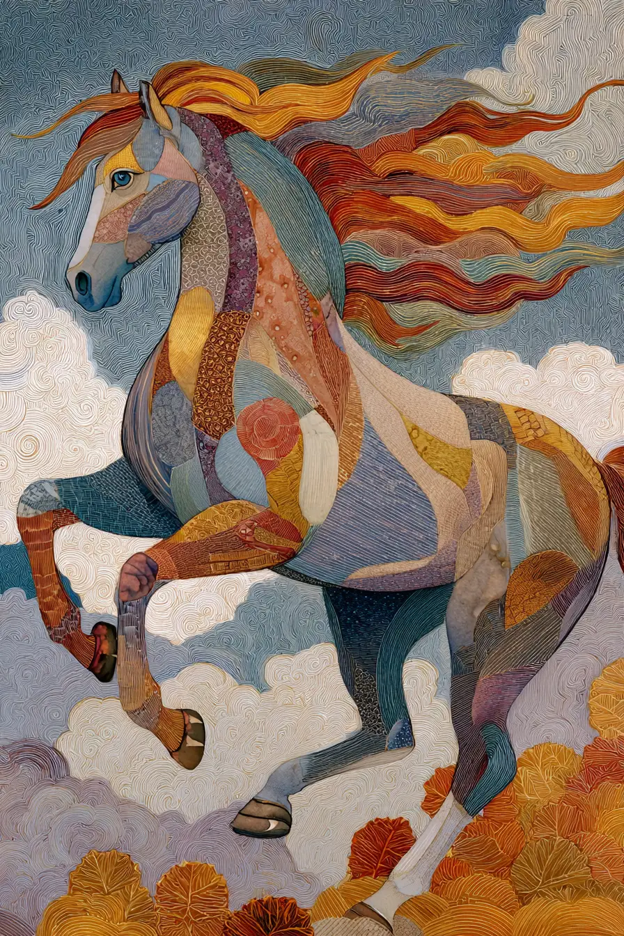 優雅瑪瑙駿馬奔馳的超現實畫作