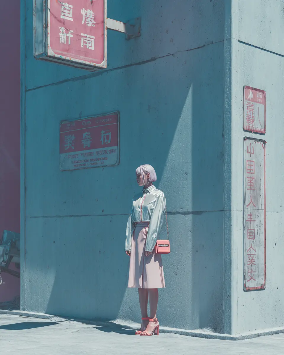 昭和風格未來感時尚人像於城市街角