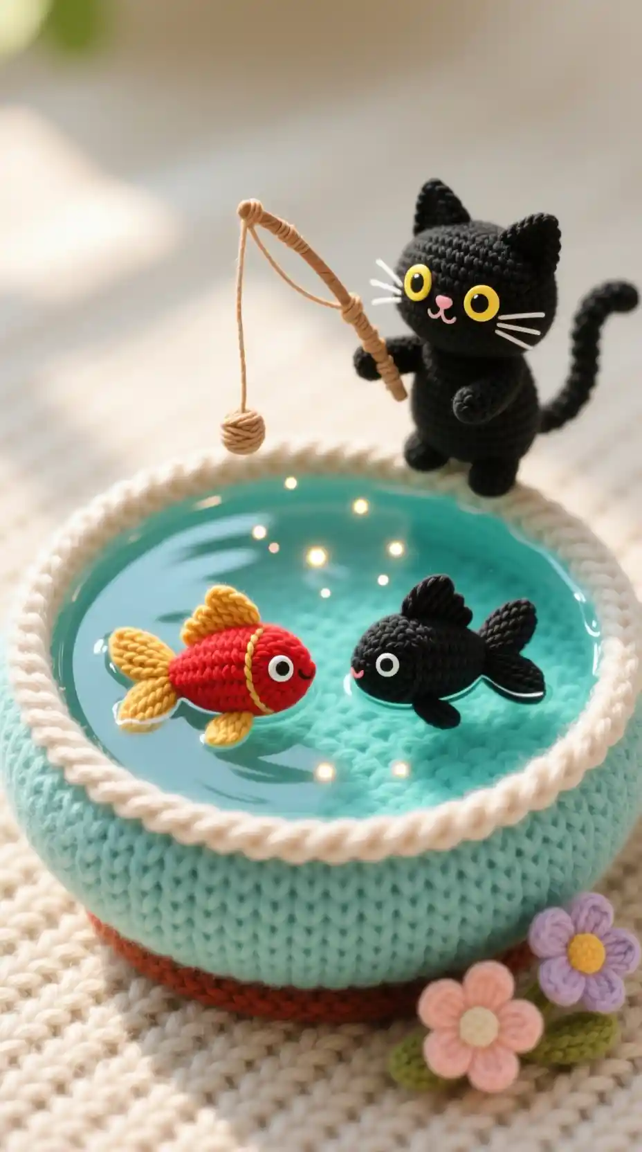 Whimsical Knitted Cat Fishing Beside A Yarn Goldfish Bowl