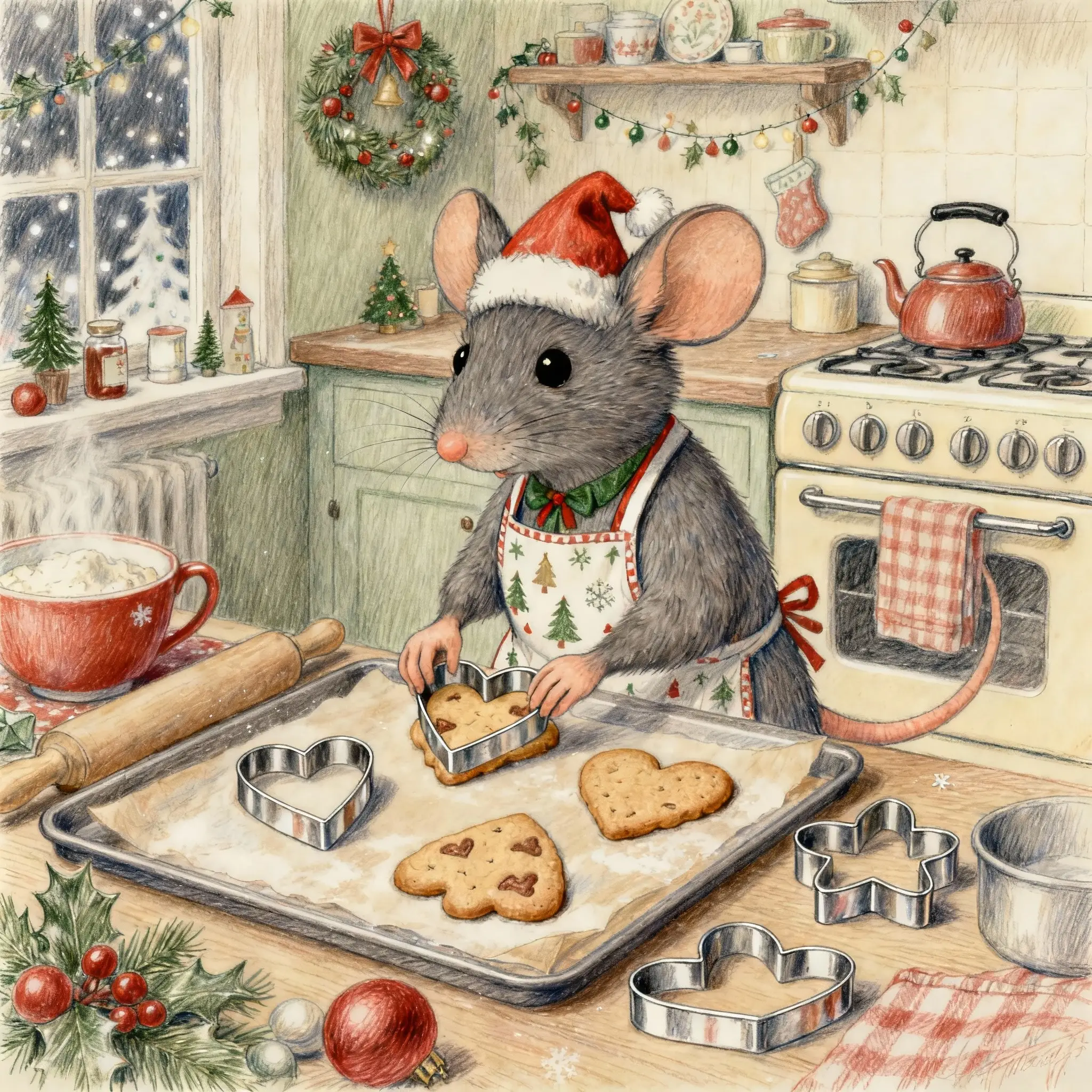 Adorable petite souris qui prépare des biscuits de Noël dans une cuisine vintage