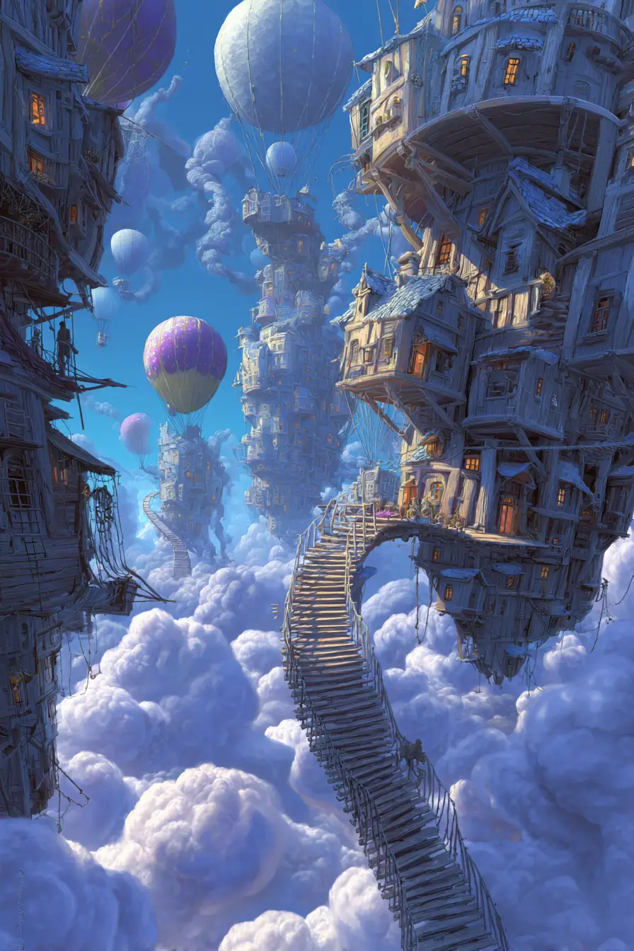 Ville Flottante Surréaliste à l’Architecture Fantastique sous un Ciel Lumineux