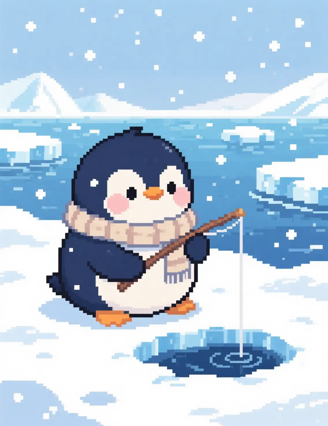 可愛的像素企鵝在雪白極地景觀中釣魚