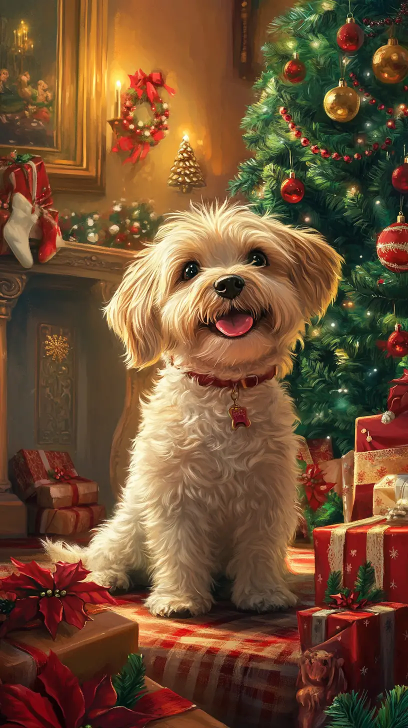 Cane natalizio accoccolato vicino all’albero con regali festivi