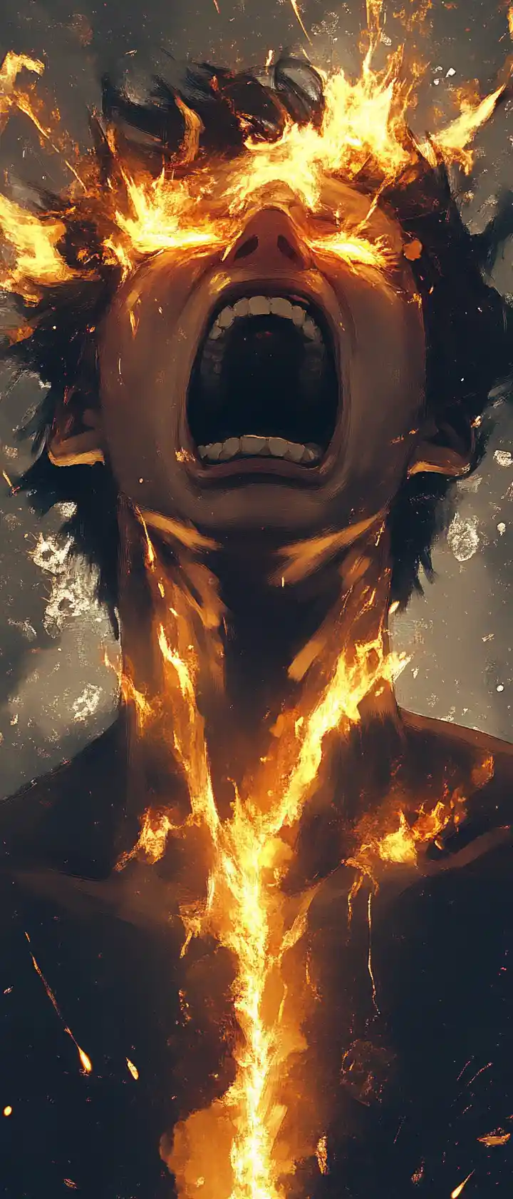 Anime girl screaming as golden fire erupts around her