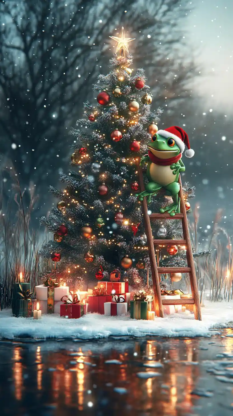 Whimsical Frog By A Christmas Tree On Frozen Pond