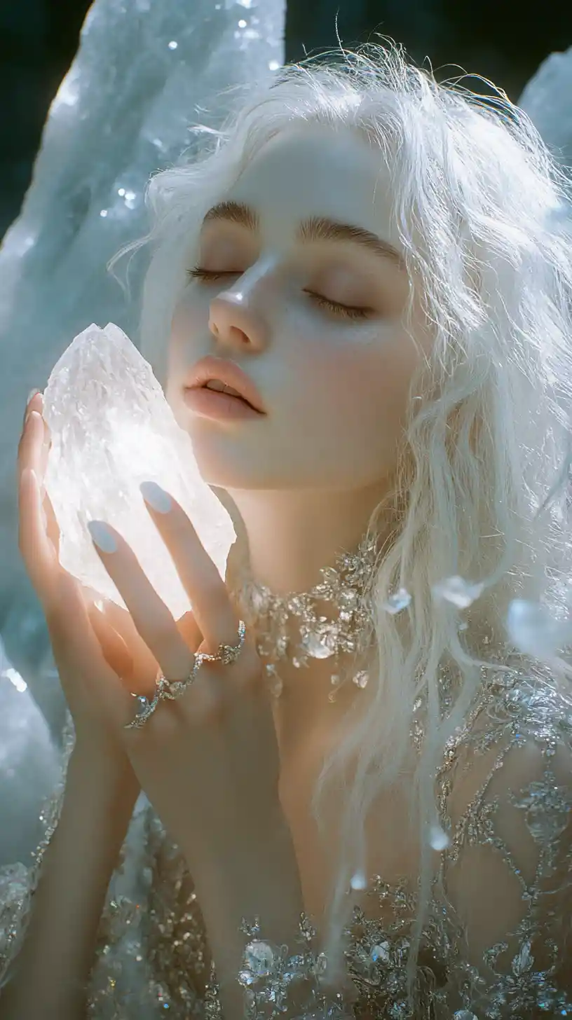 Mystical woman with glowing crystal in crystal cave