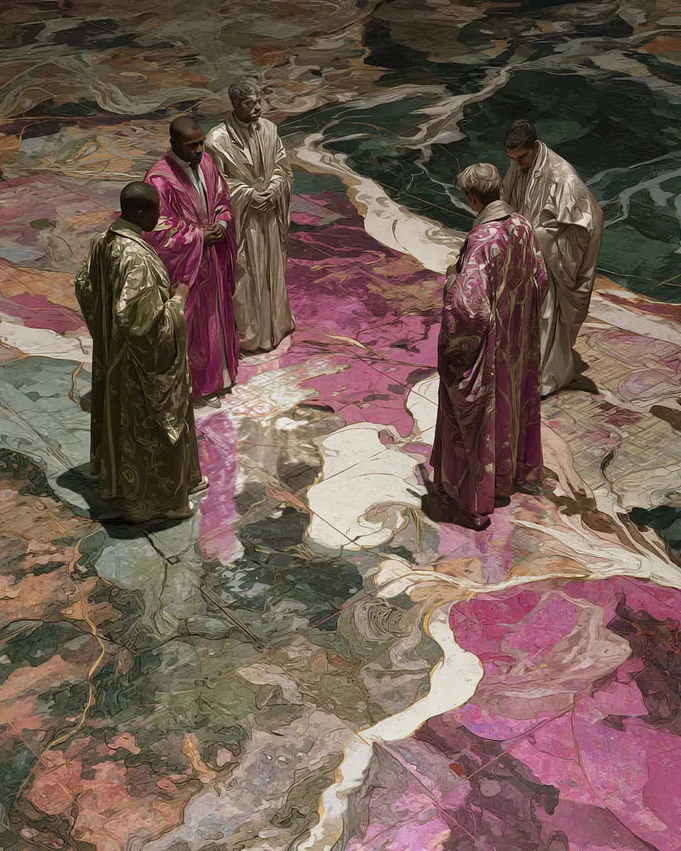 Androgynous council gathered around glowing holographic map