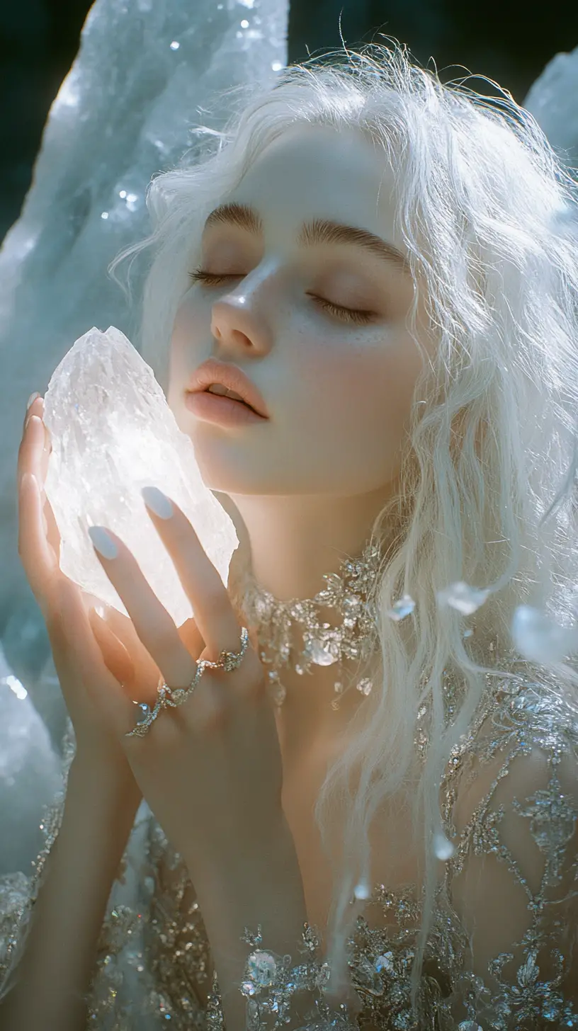 Femme mystique avec cristal lumineux dans une grotte de cristaux