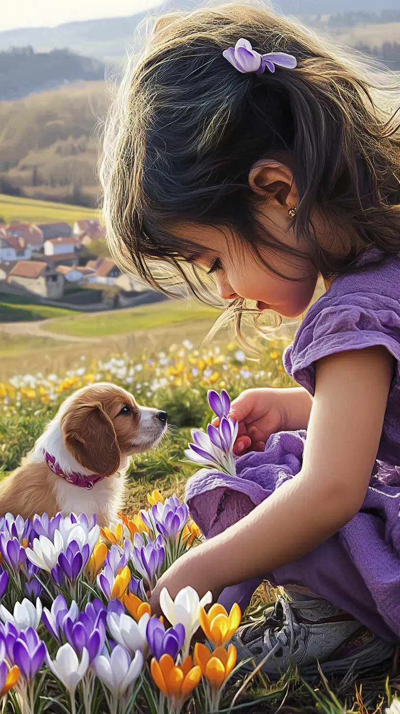 Little girl picking crocuses with a puppy on meadow