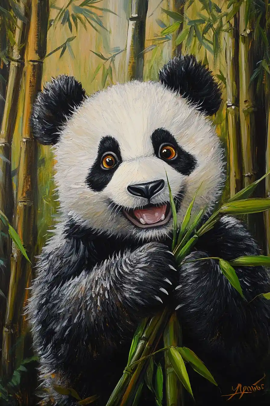 Cute happy panda leaning forward in bamboo forest