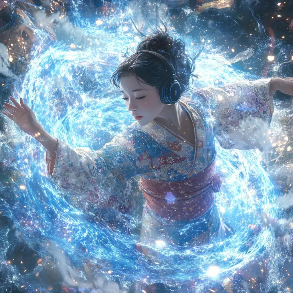 Jeune fille japonaise dansant au cœur d’un disque d’accrétion bleu cosmique