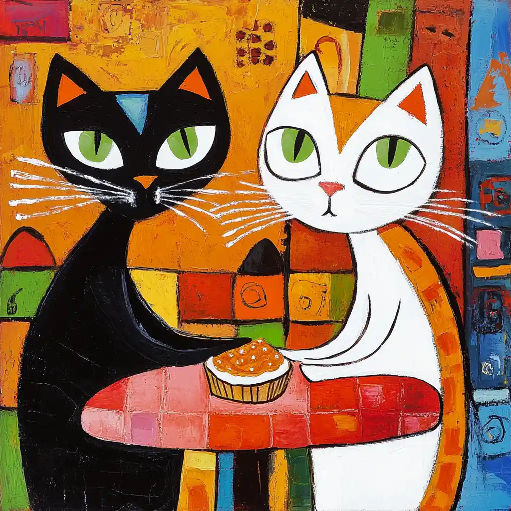 Two colorful cats sharing pie at a bistro table