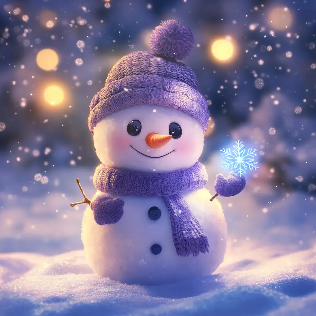 Cute cartoon snowman in glowing winter dusk scene