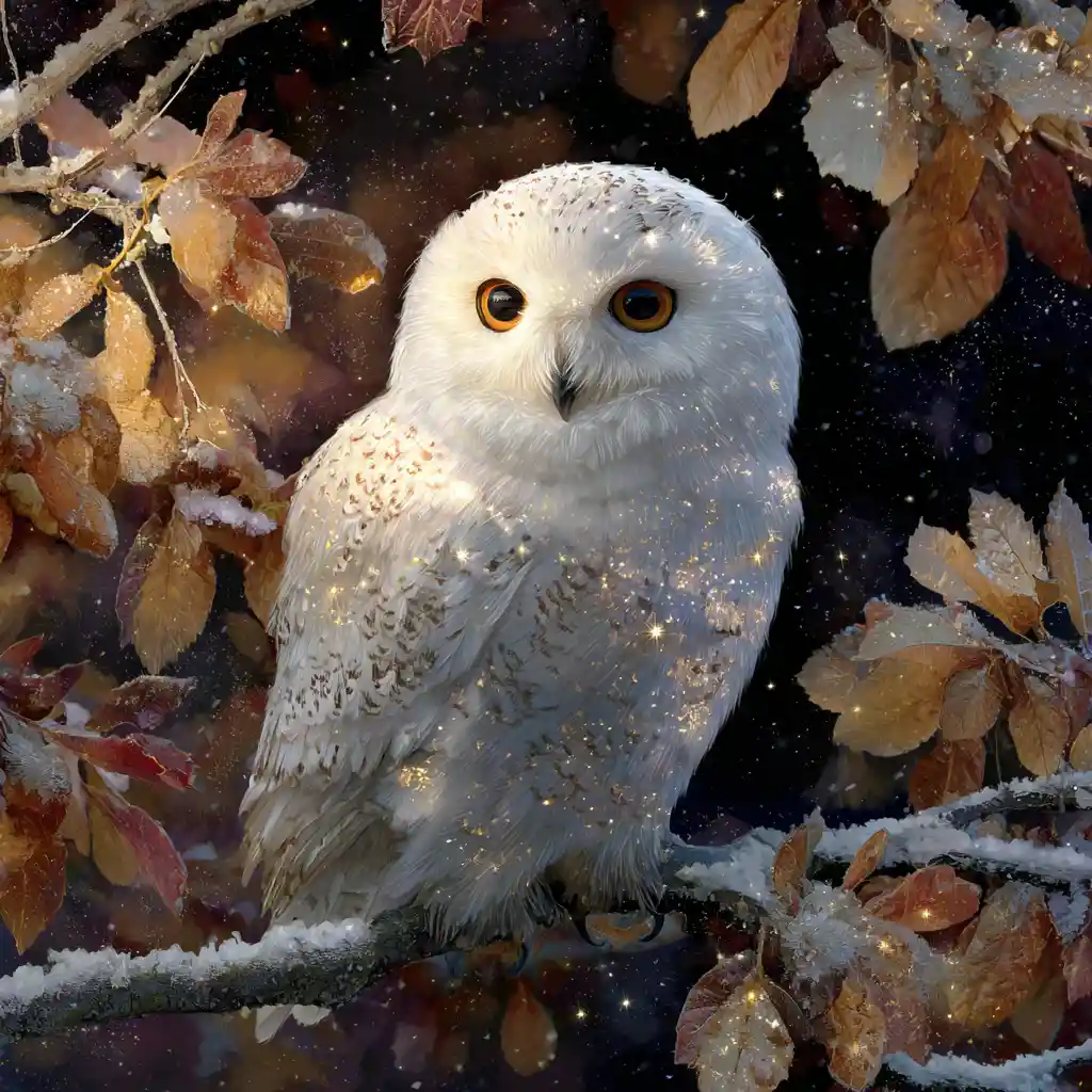 Stardust White Owl On Snowy Autumn Tree At Night