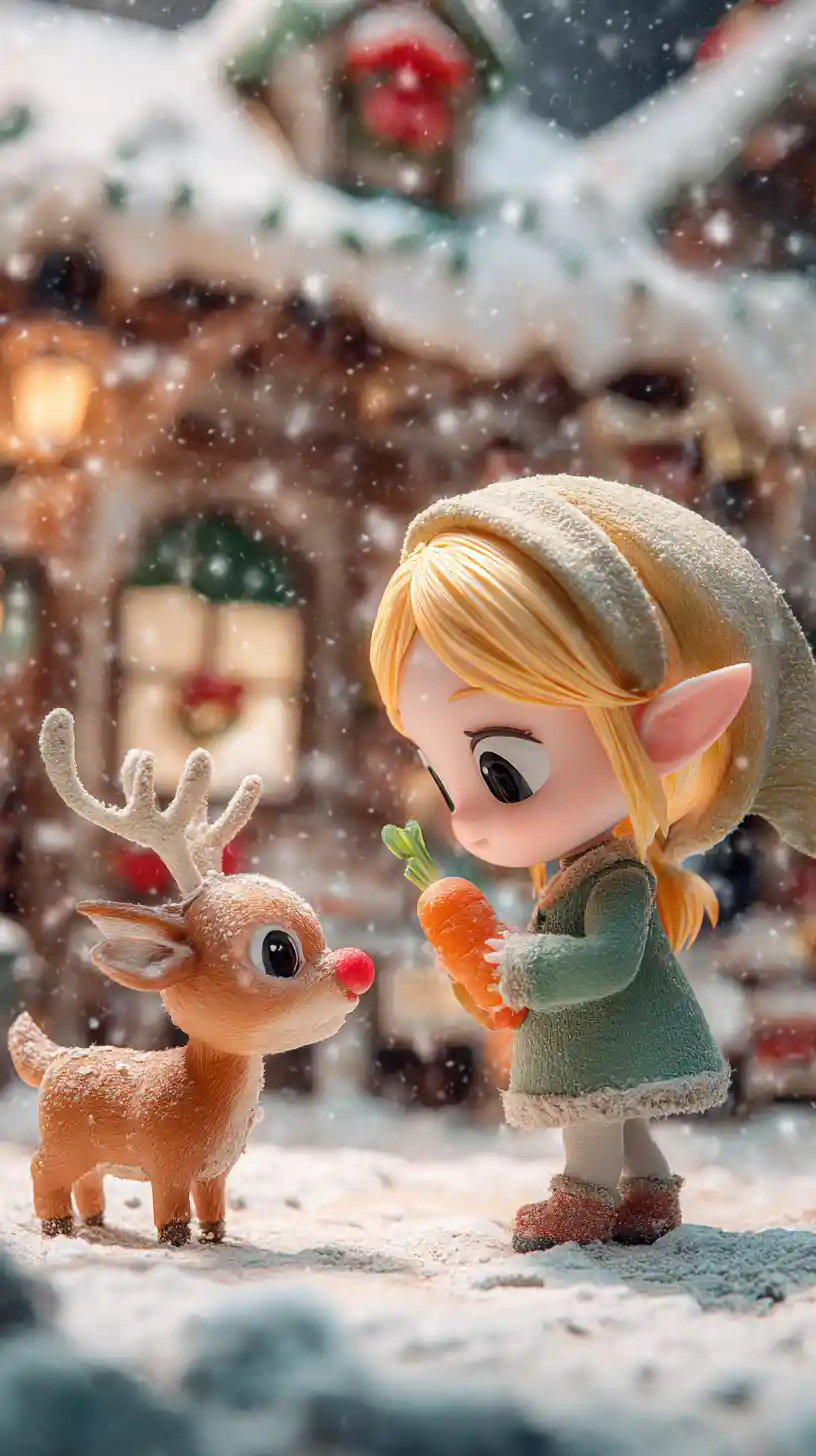 Cute chibi elf girl feeding Rudolph in snowy workshop