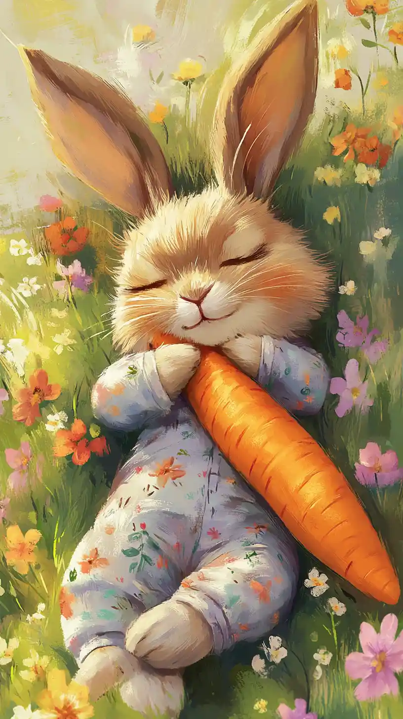 Cute bunny sleeping in pajamas in flower meadow