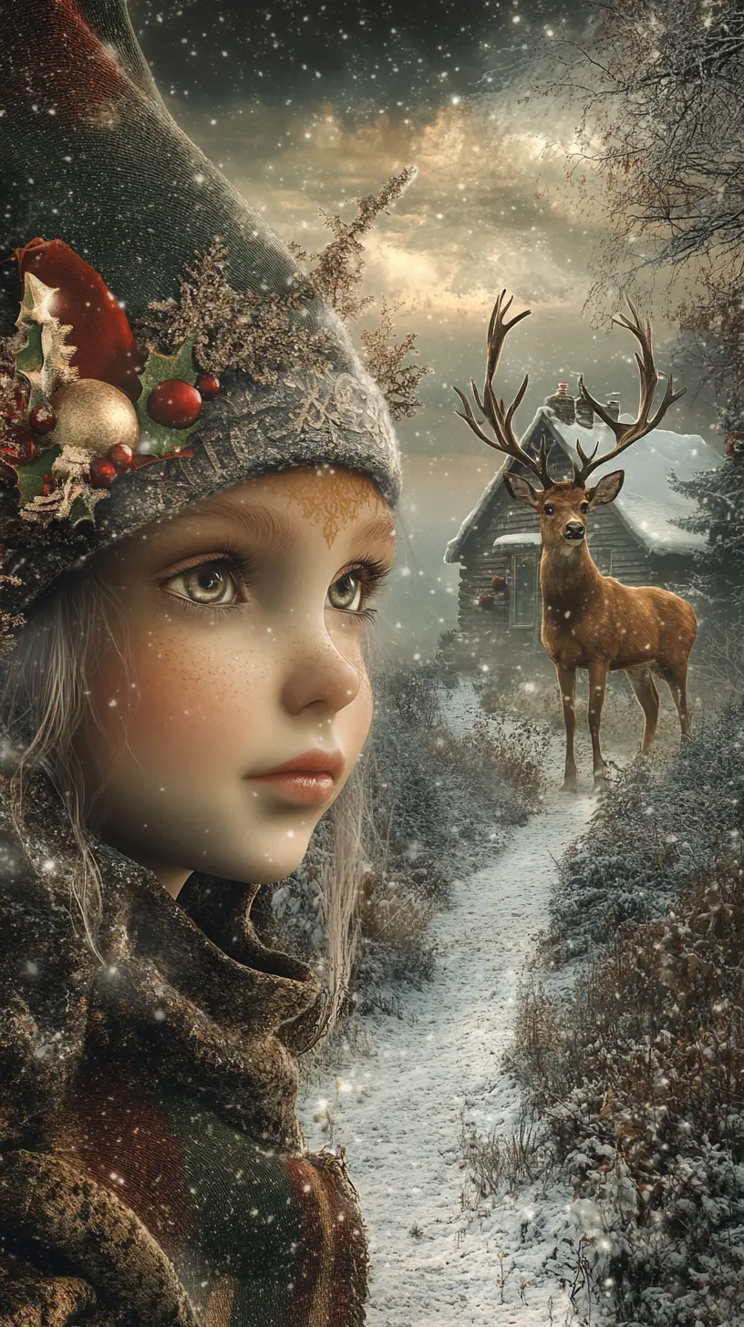 Lutin de Noël et cerf fusionnés dans une scène de forêt paisible