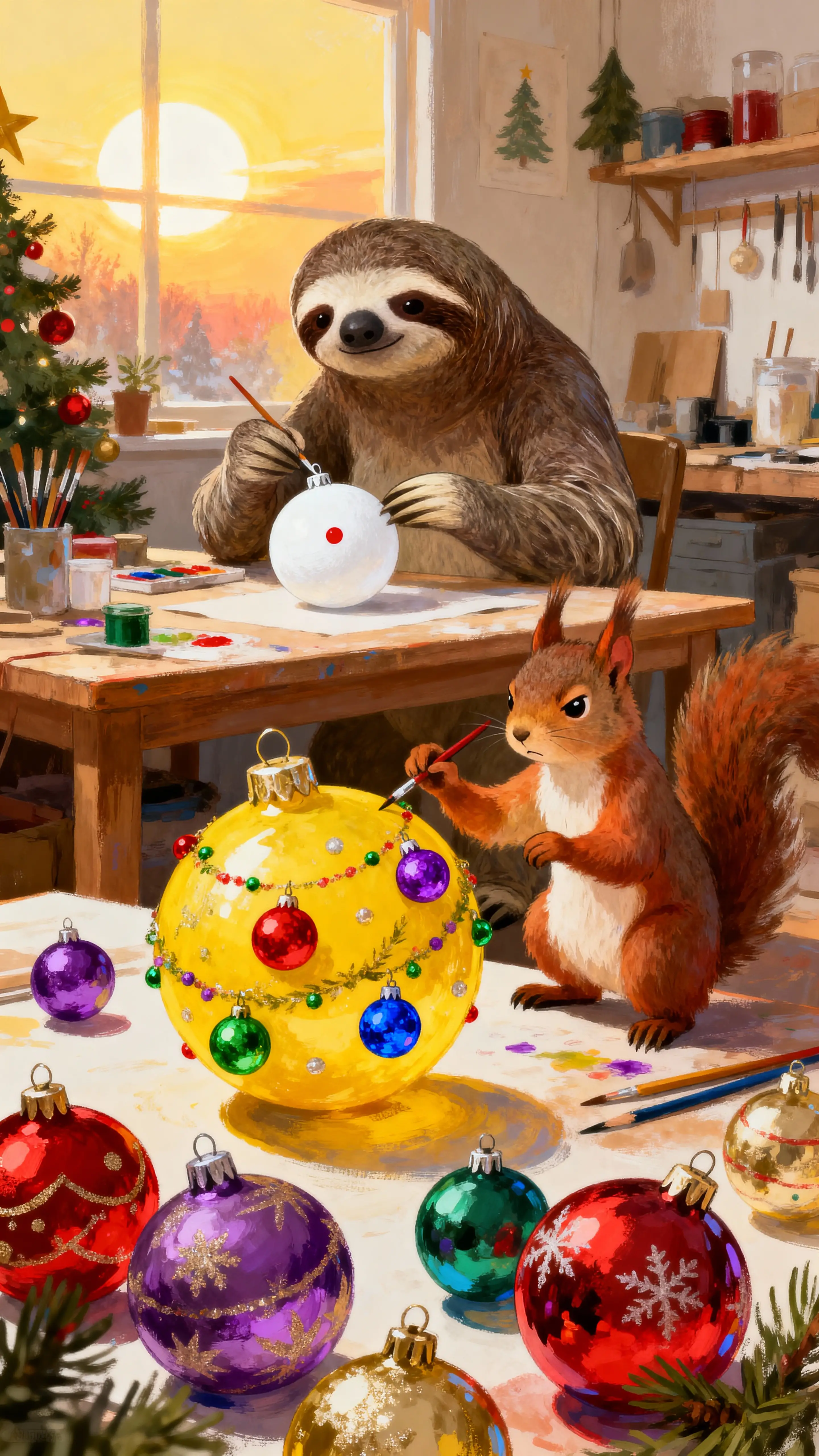Faultier und Eichhörnchen bemalen Weihnachtskugeln in der Werkstatt