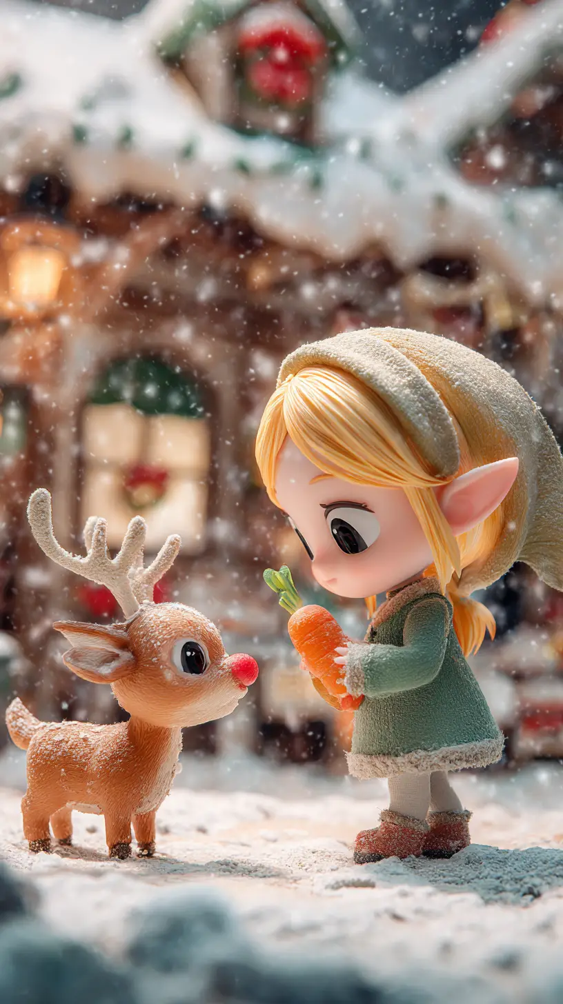 Dolce elfa chibi che dà da mangiare a Rudolph in una officina innevata