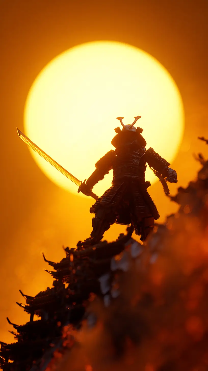 Samurai-Krieger über brennender Burg in der Goldenen Stunde