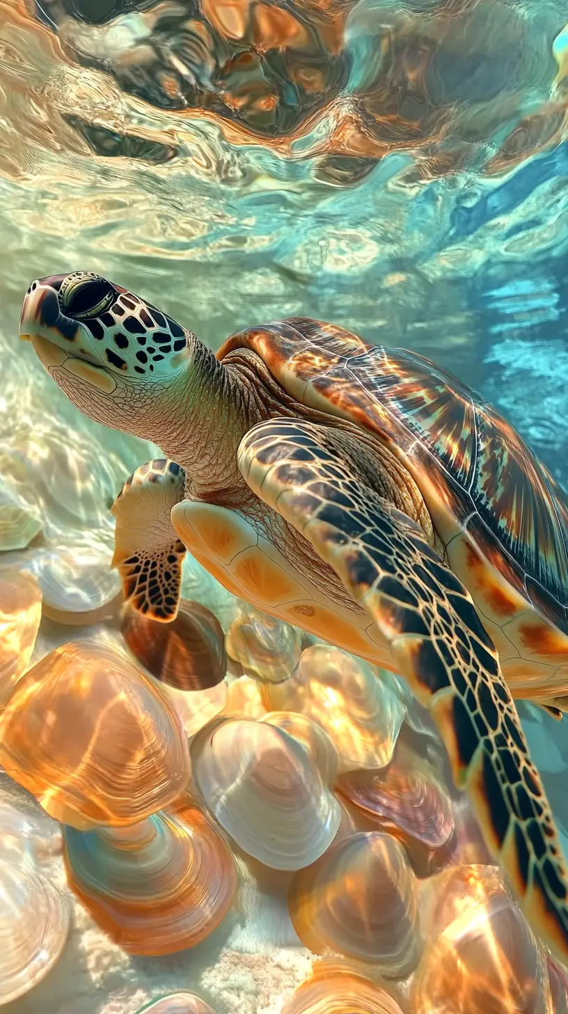 Dynamische Schildkröte, die durch ein lebendiges Feld aus Muscheln schwimmt