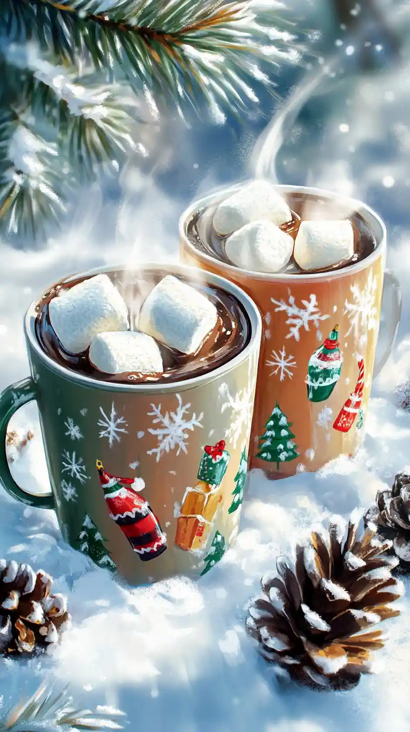 Xícaras de chocolate quente fumegante em cena de inverno nevado