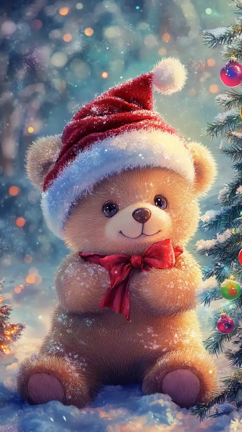 Niedlicher Teddybär neben einem Weihnachtsbaum im verschneiten Wald