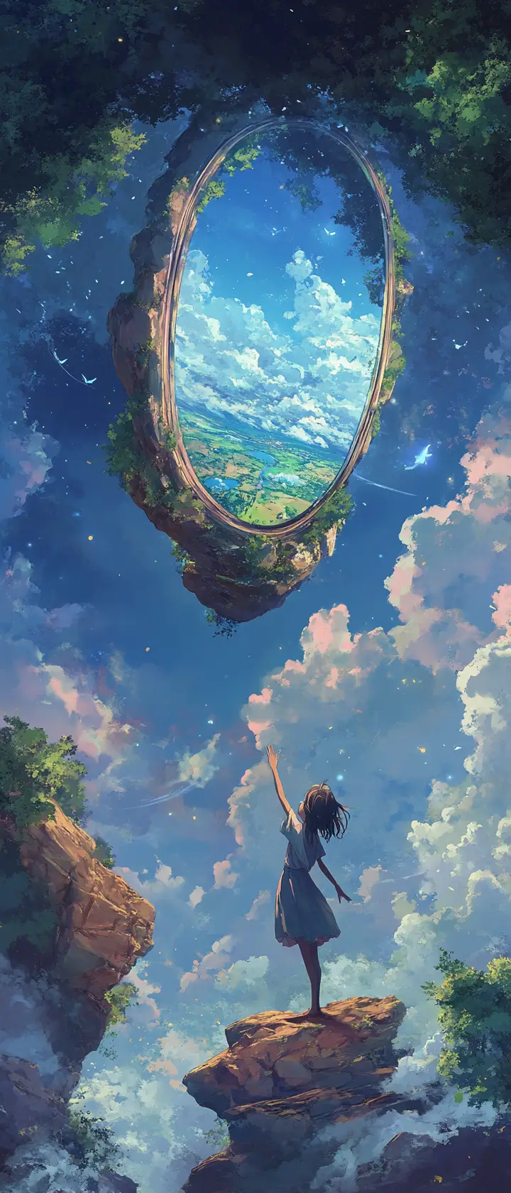 Ragazza anime che tende la mano verso uno specchio fluttuante nel cielo