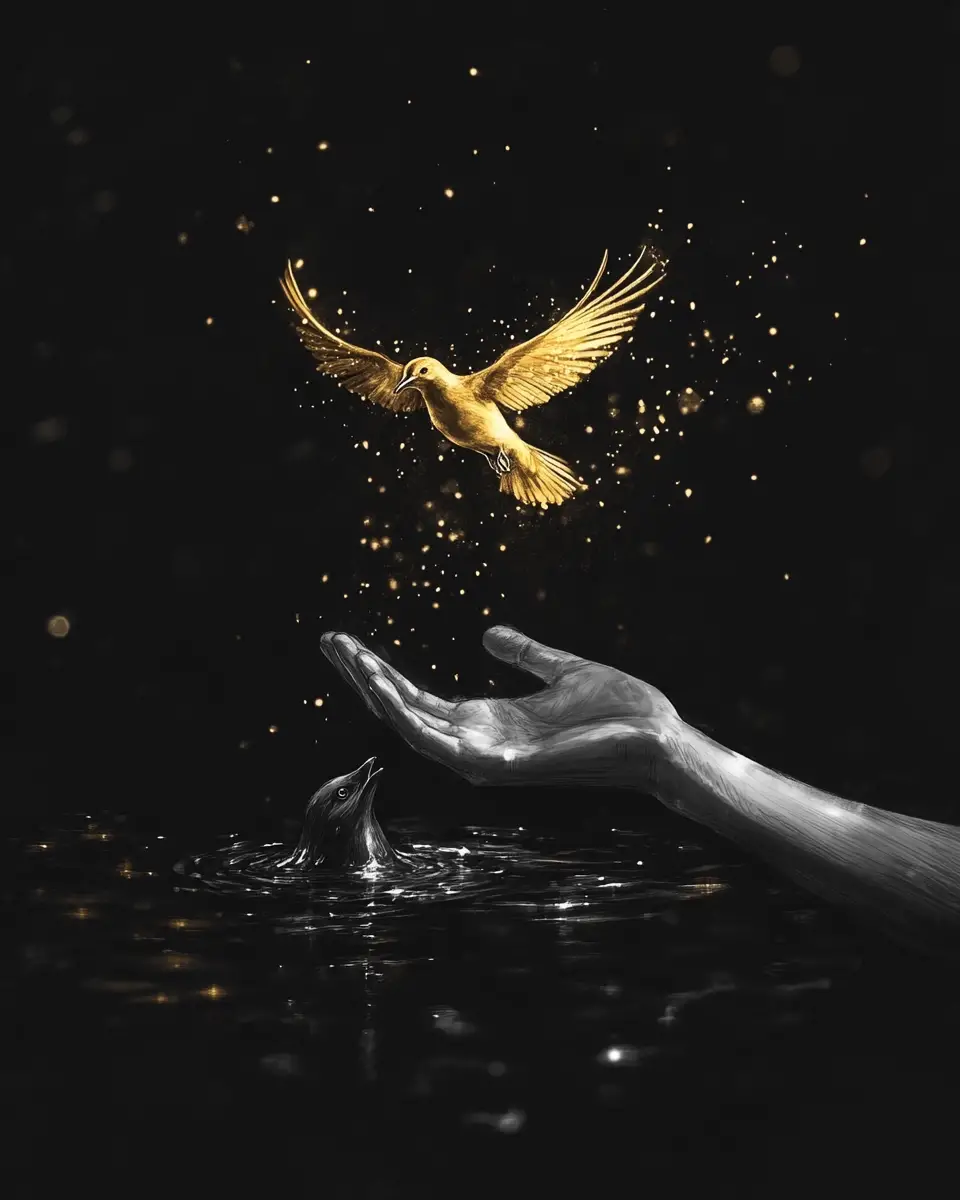Goldener Vogel fliegt durch die Dunkelheit mit leuchtendem Licht