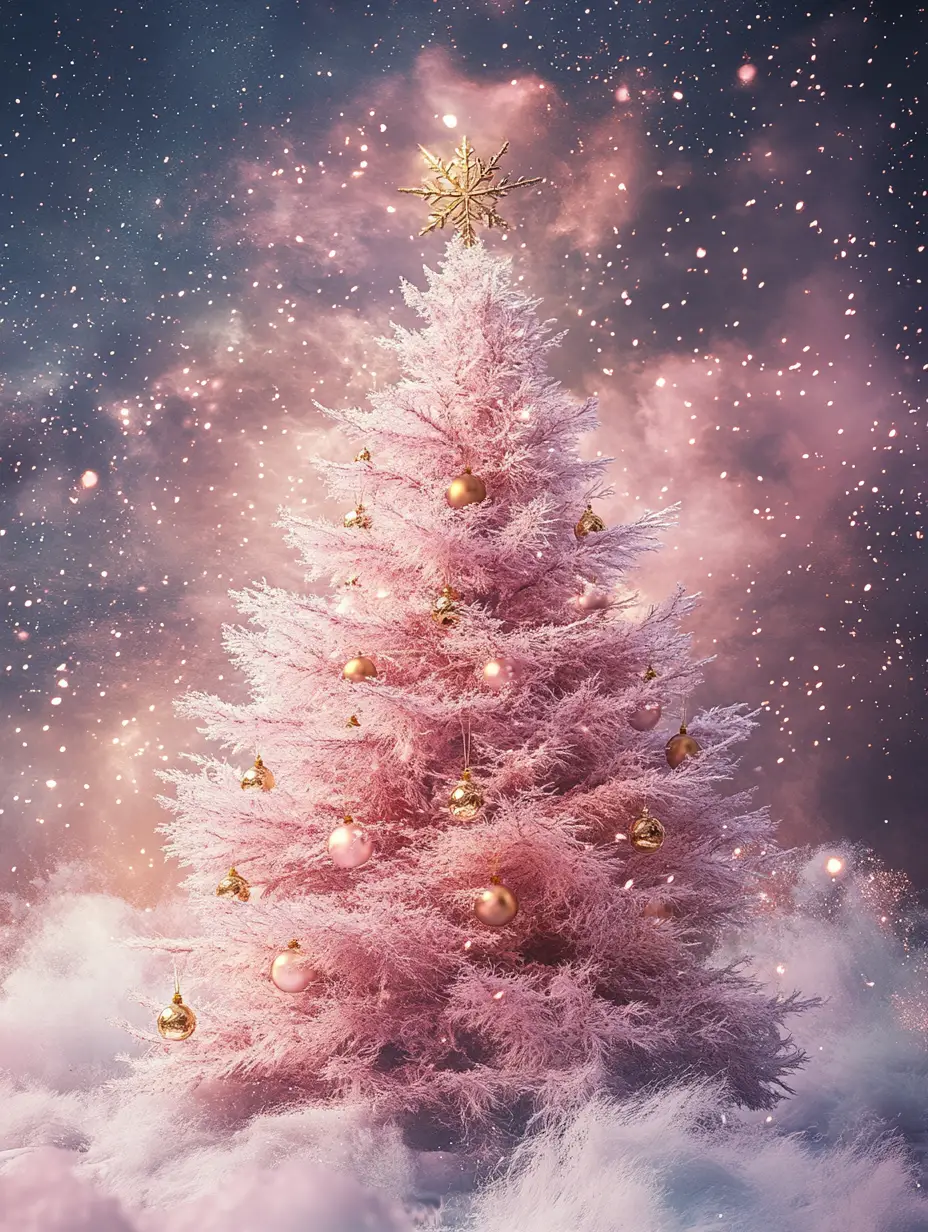 Albero di Natale rosa con ornamenti a fiocco di neve in oro e vetro