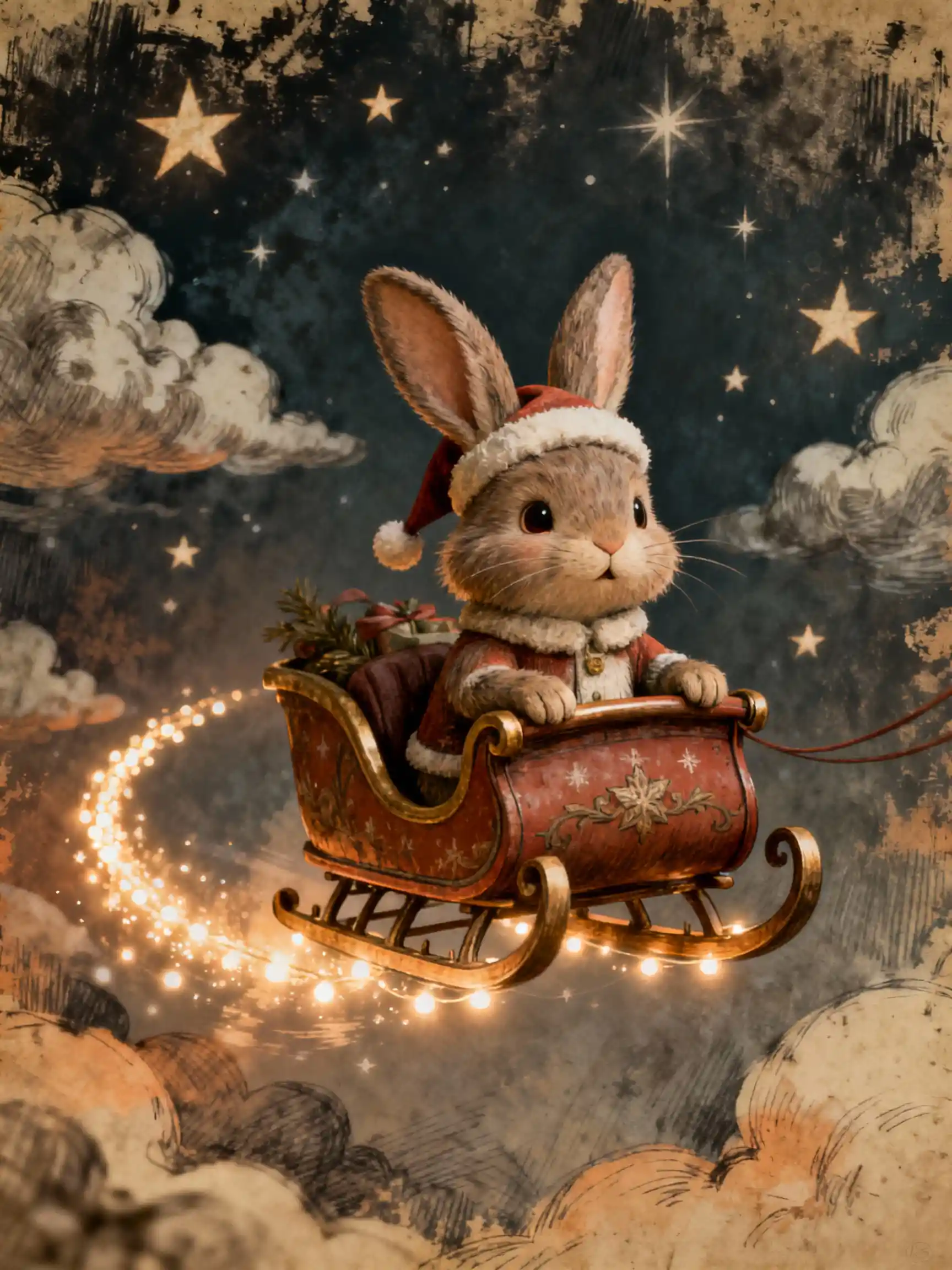 Whimsical Christmas Rabbit Flying In A Magical Sledge